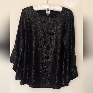NWT Anne Klein Black Sequin Women's Top Bell Sleeve SZ M